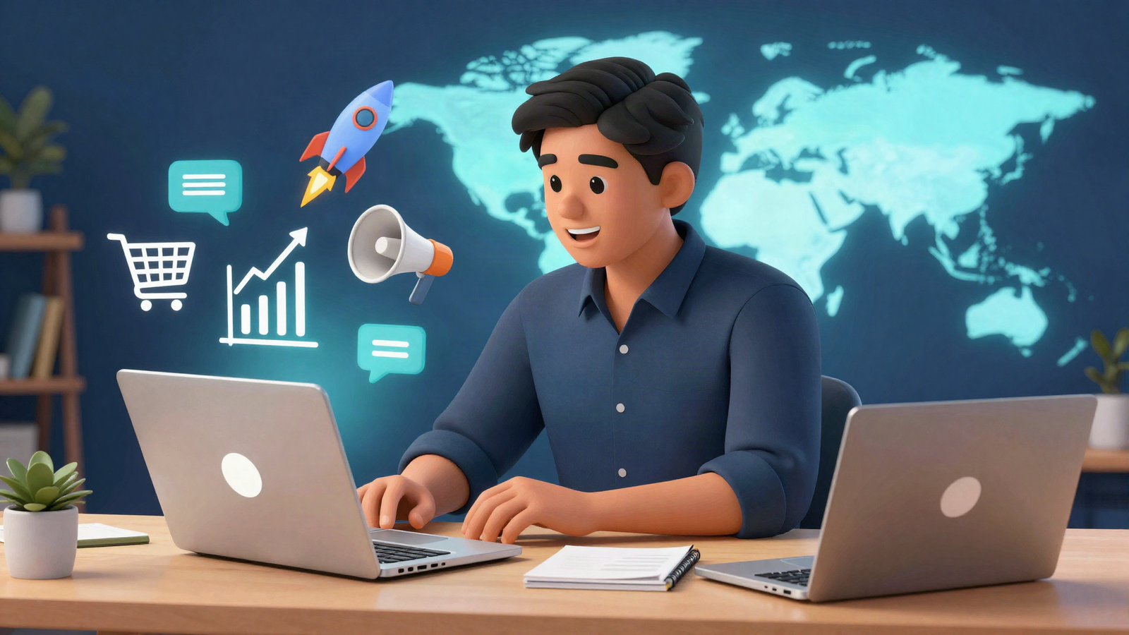 Ilustración: emprendedor frente a su laptop con íconos de ventas, crecimiento y marketing, primer negocio online
